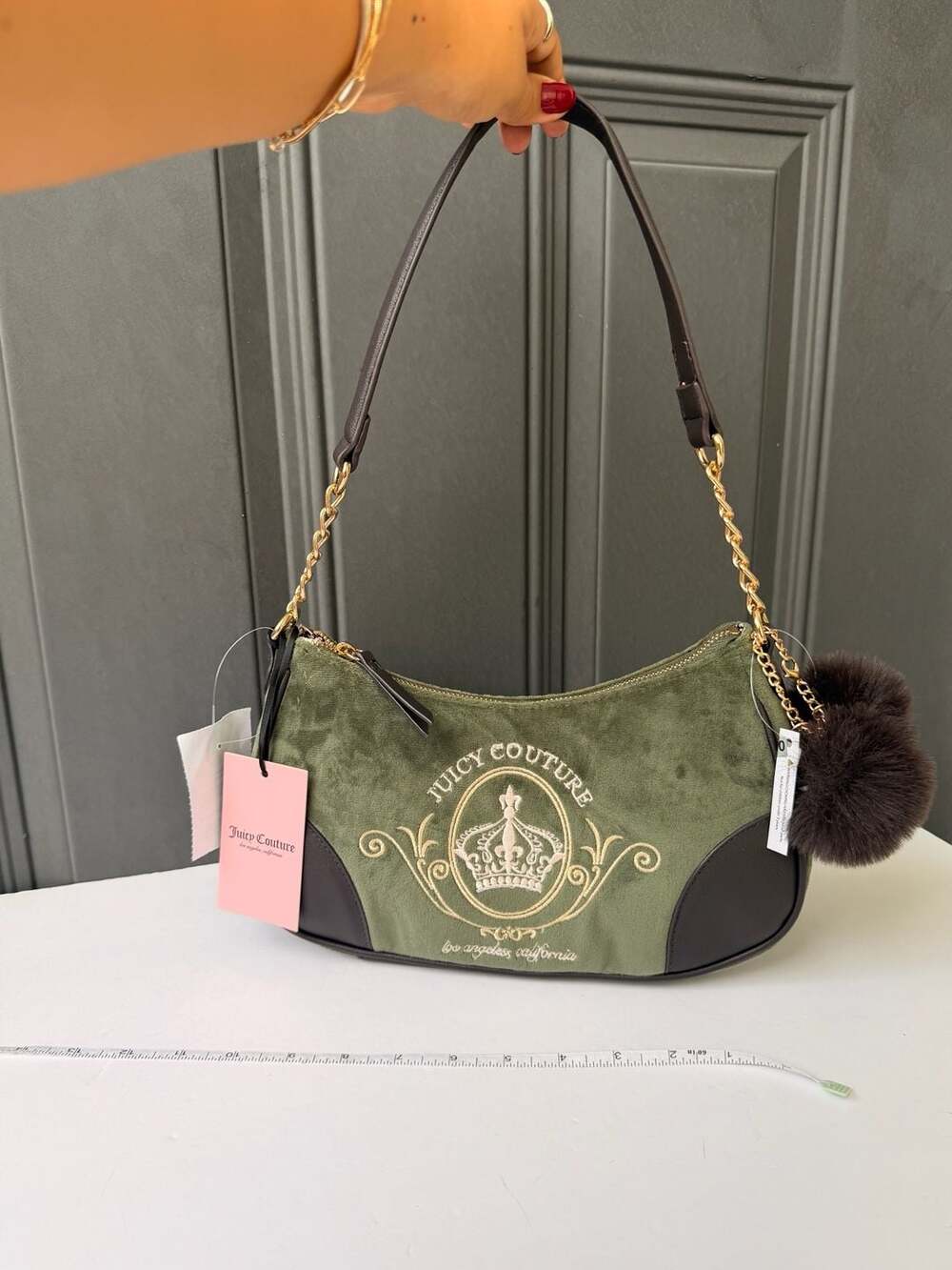 Juicy Couture Green Velour Shoulder Bag with Pom Pom